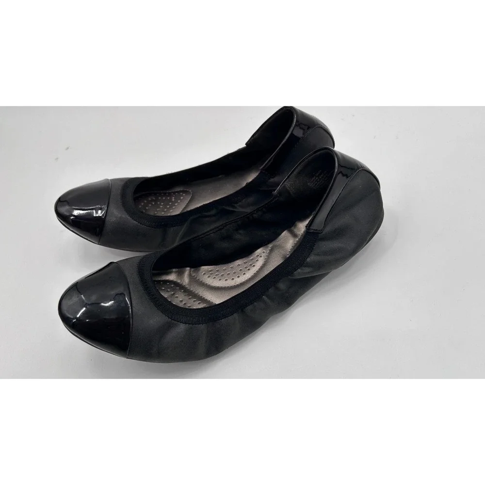 Dexflex Comfort Womens Black Cap Toe Ballet Flats Elasticized Slip On Size 10W